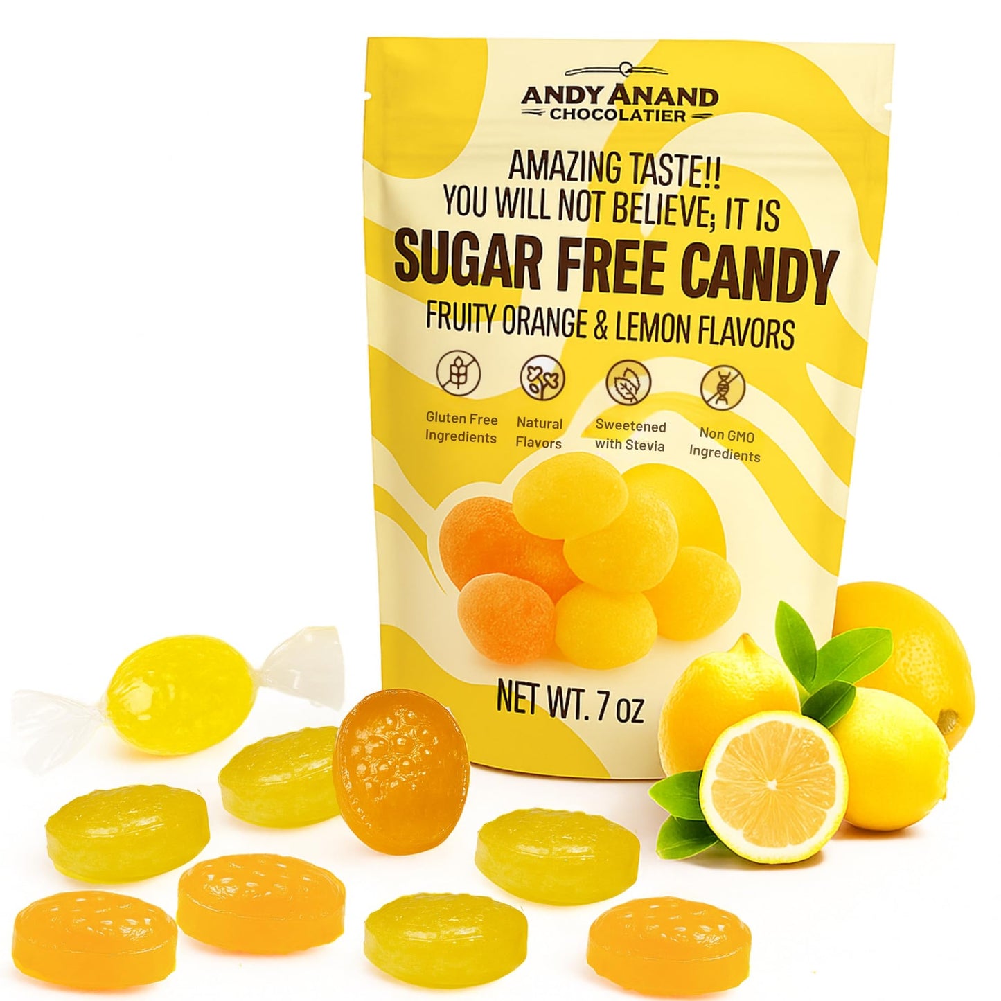 Andy Anand Chocolatier Sugar Free Hard Candy Orange & Lemon Mixed Flavored - Made in Italy Individually Wrapped Gluten Free Enha
