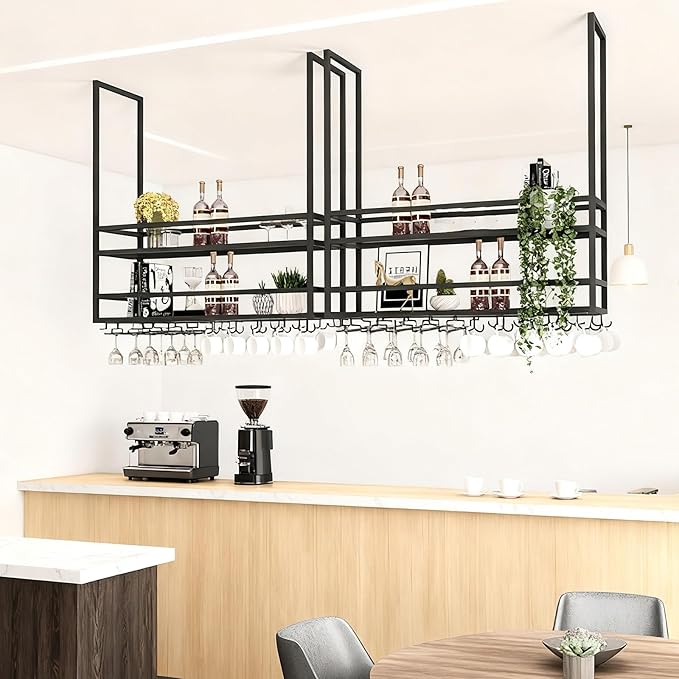 Ceiling Wine Glass Rack, Hanging Wine Display Shelf 2-Tier, Bar Liquor Storage Shelf for Bar Cafe Kitche, Metal Wine Bottle, Goblet Stemware Rack (Black, 31.49x39.37x11.81in)