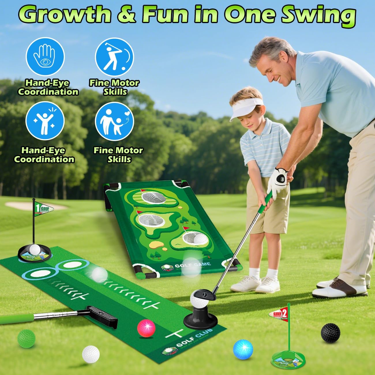 3 in 1 Kids Golf Set with Dinosaur Automatic Golf Returner, Golf Cornhole Board, Led Light Up Balls, Putting Mat, 3-8 Toddler Mini Golf Games, Indoor Outdoor Golf Toys Gift for Boys Girls 3+