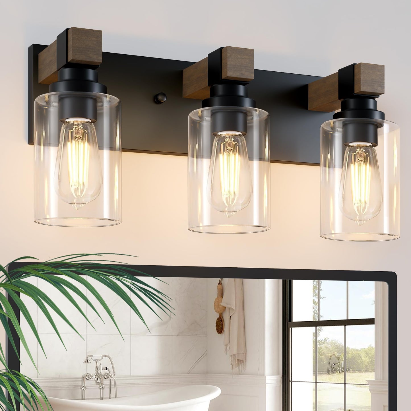 Farmhouse Bathroom Vanity Light Fixtures Rustic 3-Light Wood Vanity Lights For Bathroom Vintage Black Wall Sconces Lighting Light Fixtures Over Mirror With Glass Shade