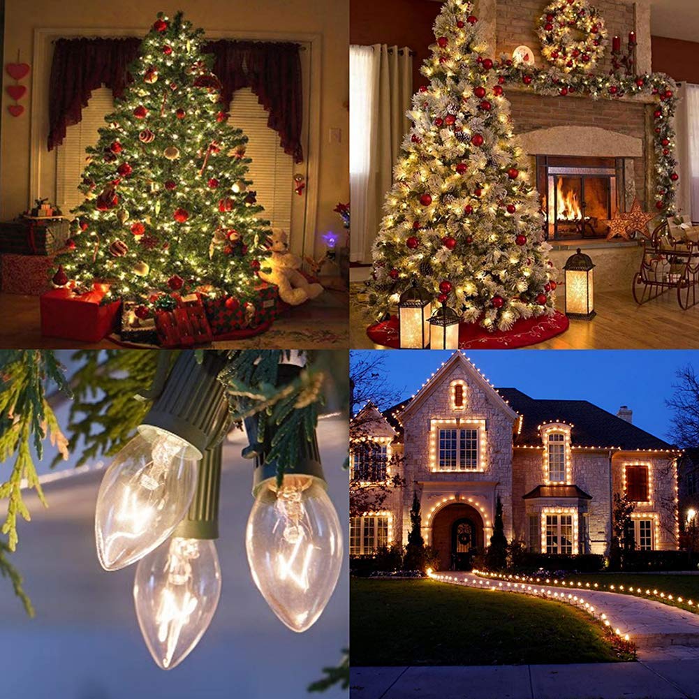 Abeja 25 Pack C7 Christmas Replacement Clear Bulbs C7/E12 Incandescent Light Bulbs For Christmas Tree Lights Set Indoor/Outdoor Party Decor 5W
