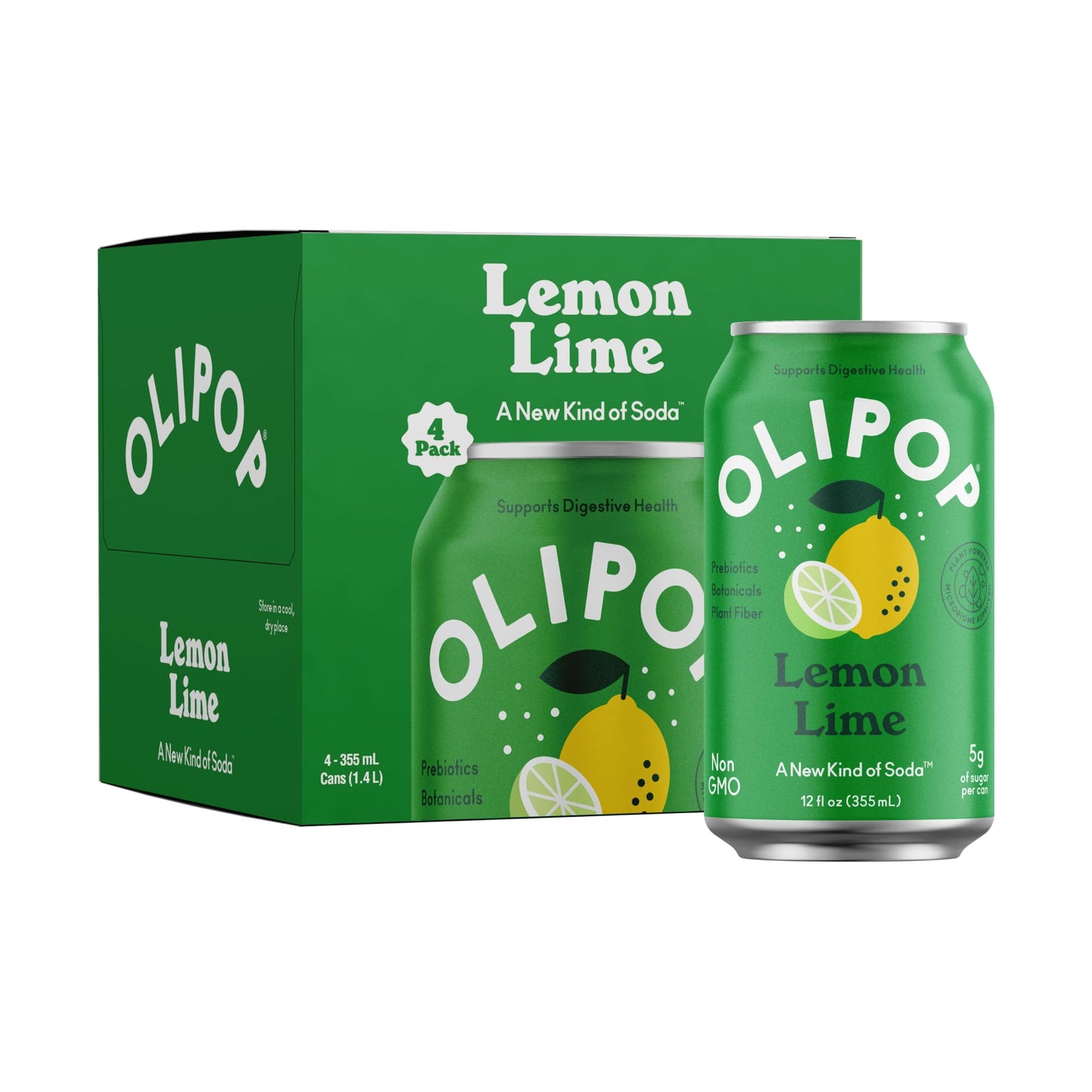 OLIPOP Prebiotic Soda Pop Lemon Lime Prebiotics Botanicals Plant Fiber 12 fl oz (4 Cans)