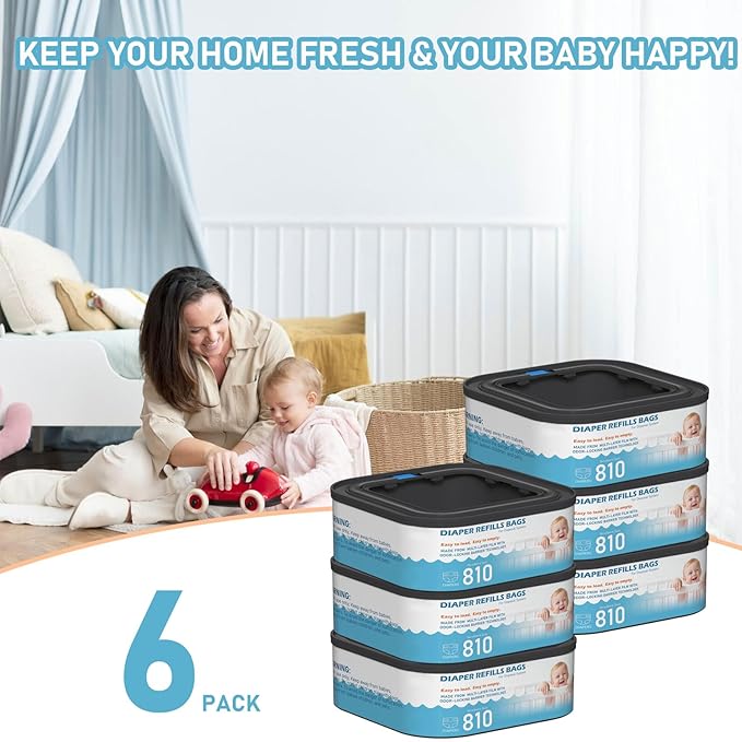 Jumbo Square Refills Disposal Bags Refill Compatible with Diaper Genie Classic, Compact and Select Pails, Hold Up to 810 Newborn-Sized Diapers Per Refill, Pack of 6