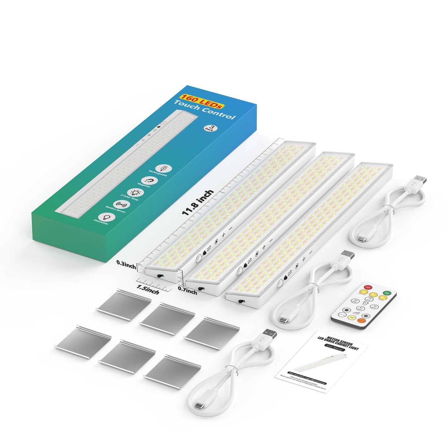 160Leds Touch-Control Under Cabinet Lighting W/4000Mah Battery Cordless Motion Sensor Under Counter Lights For Kitchen Magnetic Rechargeable Closet Lights - 3Pack/White 2025 Fall