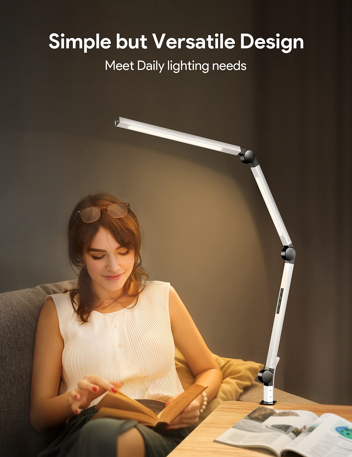 MediAcous LED Desk Lamp with Clamp, Dimmable 4 Color Modes, Swing Arm, White, Model ME-DL02
