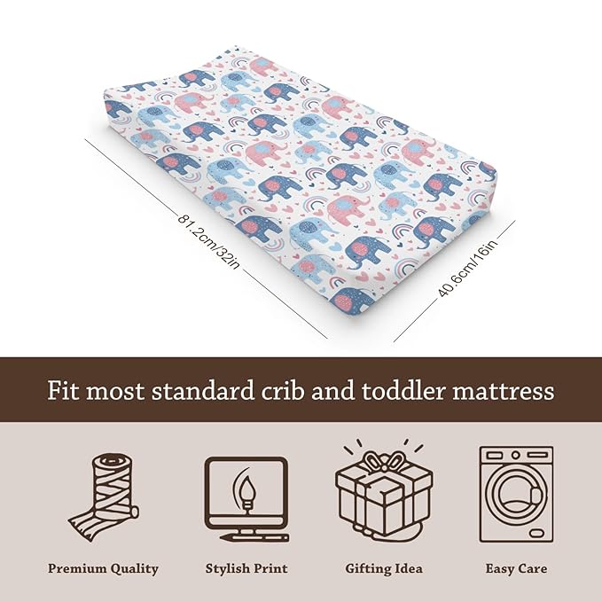 Soft 2 Pack Cartoon Elephant Rainbow Pattern Baby Changing Pad Covers for Infant Newborn, Unisex African Safari Animals Nursery Fitted Diaper Changing Table Pad Mat Sheets for Boys Girls-16x32