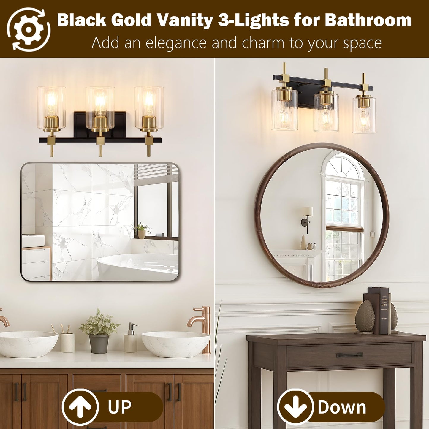Asnxcju 3-Light Vanity Light Fixtures, Black and Gold, Textured Glass Shade, Model TGSWS-BG-3-LIGHT