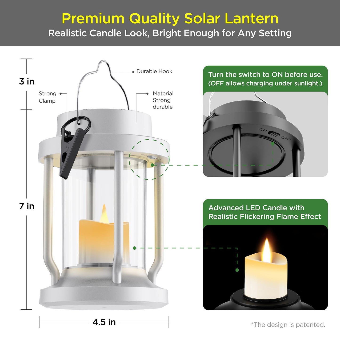 FriutShine Solar Lantern - Hanging Outdoor Indoor Light, Flameless Candle, Weatherproof, 1 Pack, White, Model L01