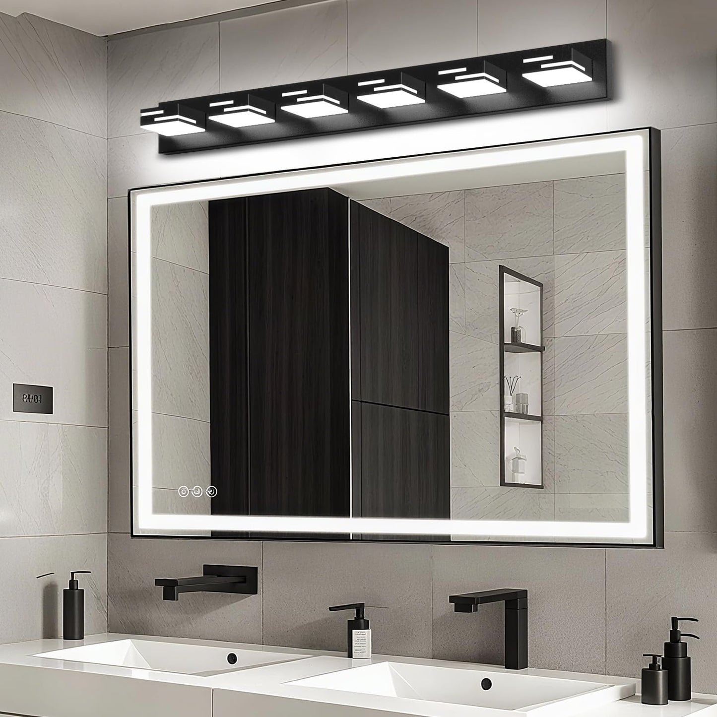 Lkhf Led Modern Bathroom Vanity Light Fixtures 6-Light 40-Inch Dimmable Matte Black Vanity Lights For Bathroom Lighting Fixtures Over Mirror With 350?Rotatable Acrylic Heads (Cool White 6000K)