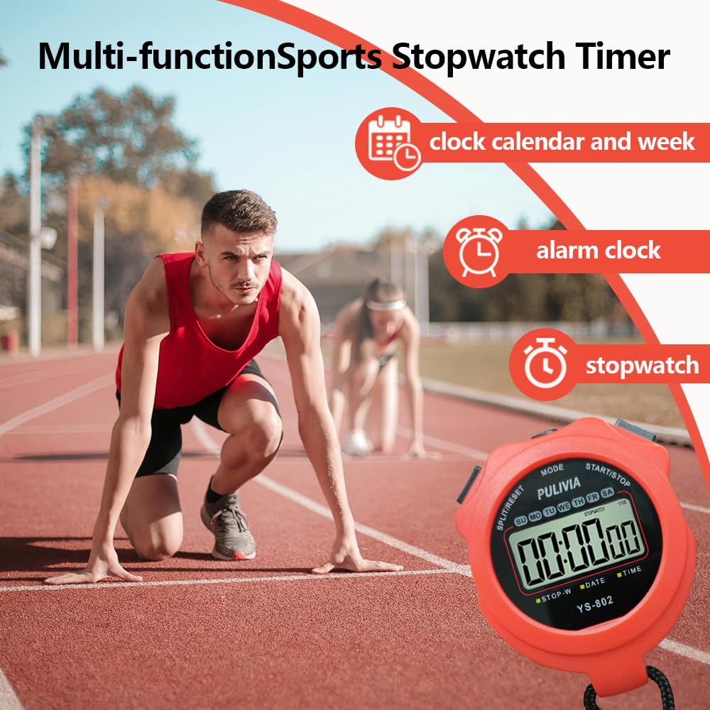 PULIVIA Sports Stopwatch Timer Single Lap Split Digital Stop Watch for Sports Kids Coaches Swimming Running, Red