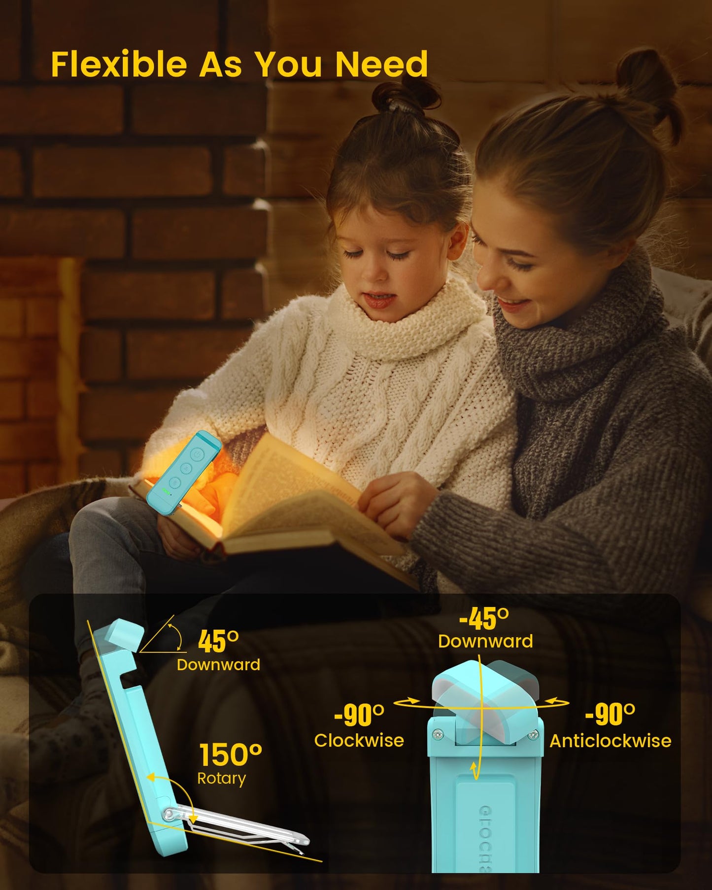 Glocusent USB Rechargeable Book Light, Clip-on LED, 3 Amber Colors, 5 Brightness Levels, Small, Blue, Model A15