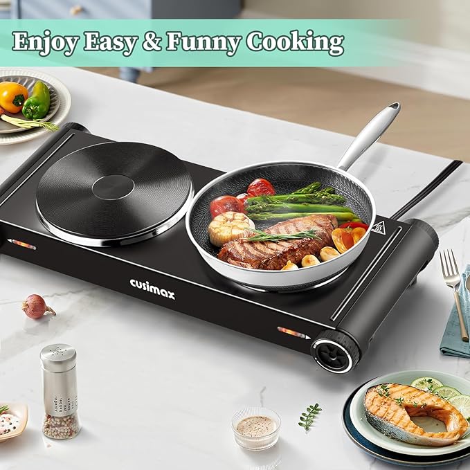 Cusimax Hot Plate,1800W Electric Stove Countertop Double Cast Iron Burner with Adjustable Temperature,7.4”+6.1” Portable Hot Plates for Cooking,Compatible for All Cookwares