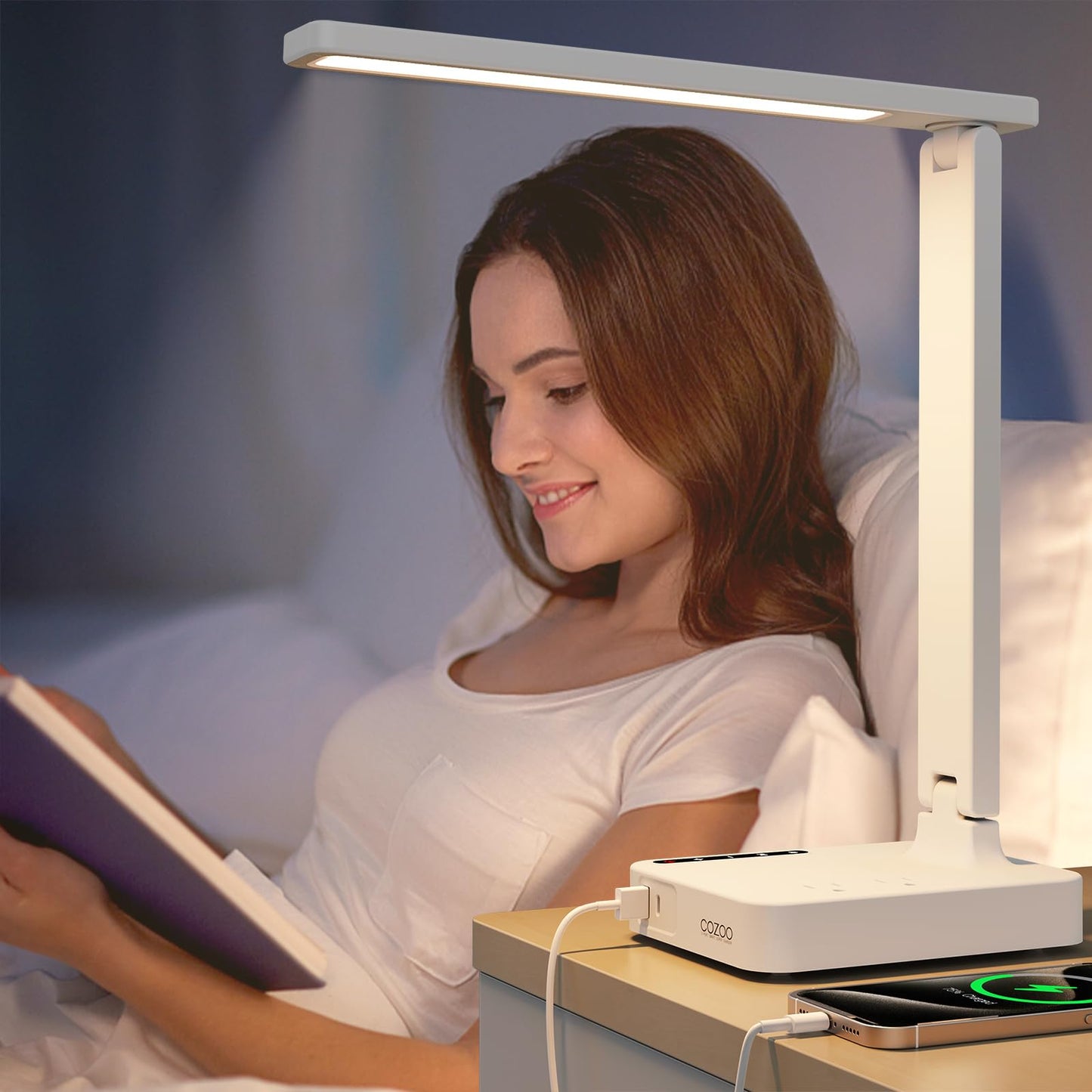 cozoo LED Desk Lamp with USB Charging Ports, 2 AC Outlets, 9 Lighting Modes, White