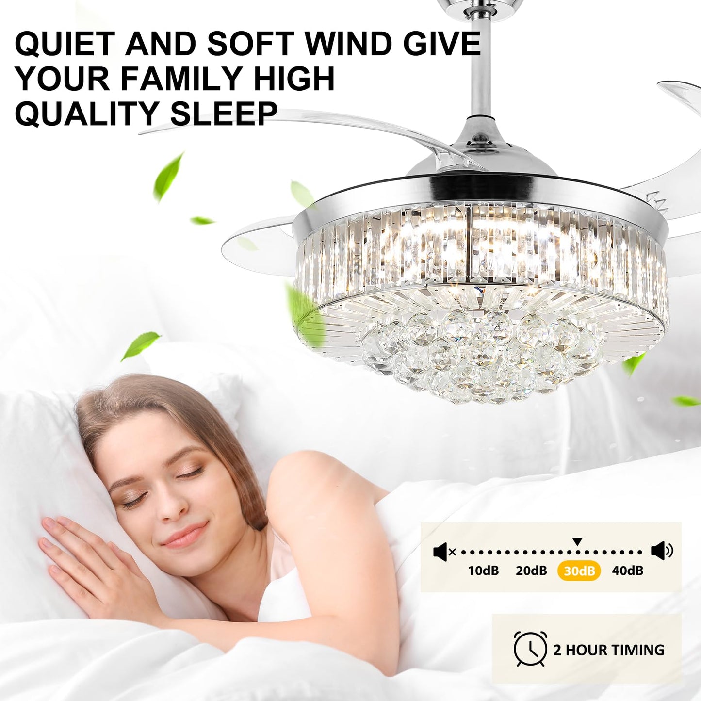 Bavnnro Fandelier Ceiling Fan with Light, 36in Silver Retractable Crystal Chandelier, Remote Control, Reversible