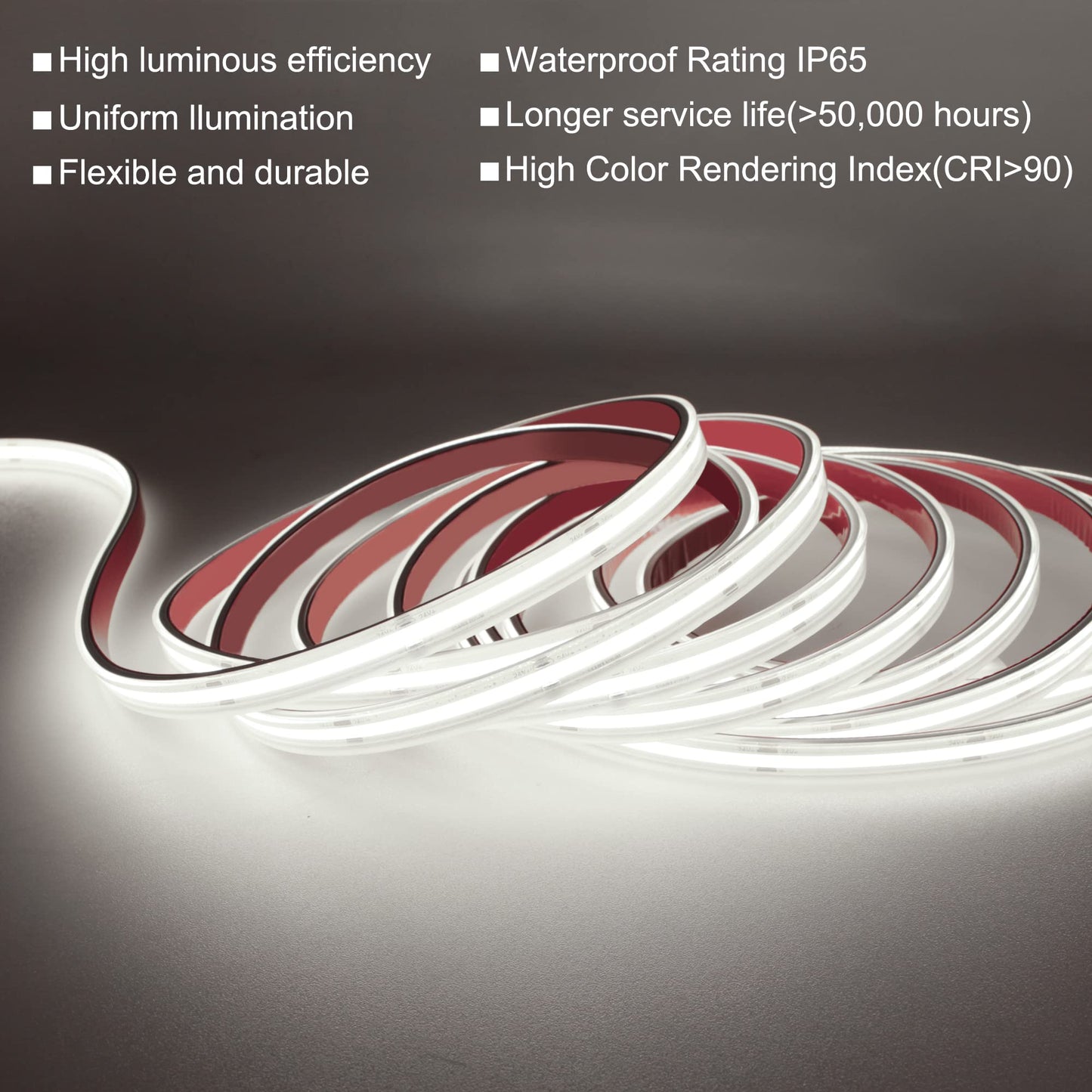 Pandery COB LED Strip Lights,24V Daylight White 6000K,Ip67 Waterproof led Light Strip,480LEDs/M,16.4ft/5M,CRI90+ Outdoor led Strip for Bathroom Decor,Pool,Garden(Power Not Included)