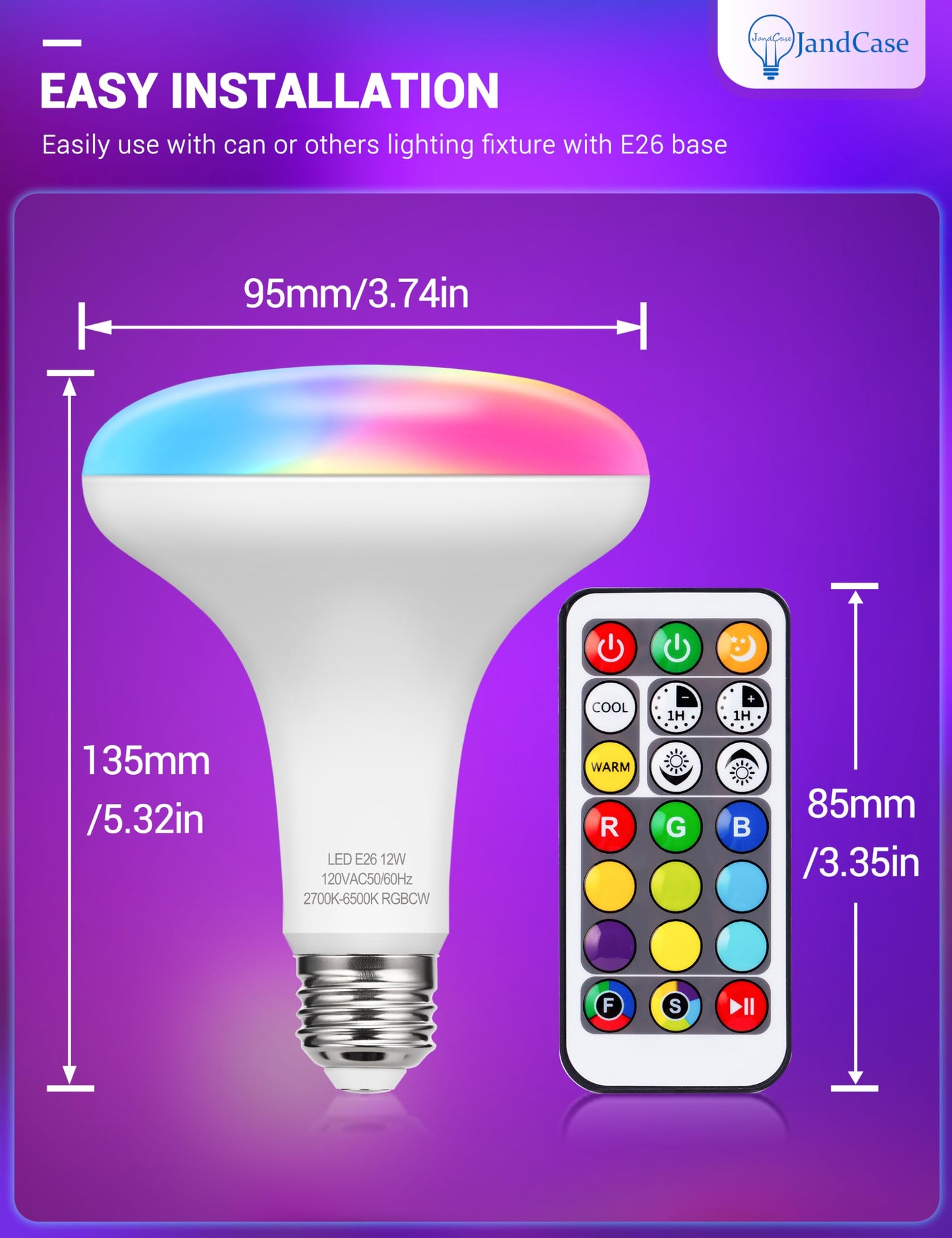 JandCase BR30 LED Light Bulb, RGB+Warm+Cool White, 12W (100W Equivalent), Dimmable, Remote Control, 2 Pack, Multi Color
