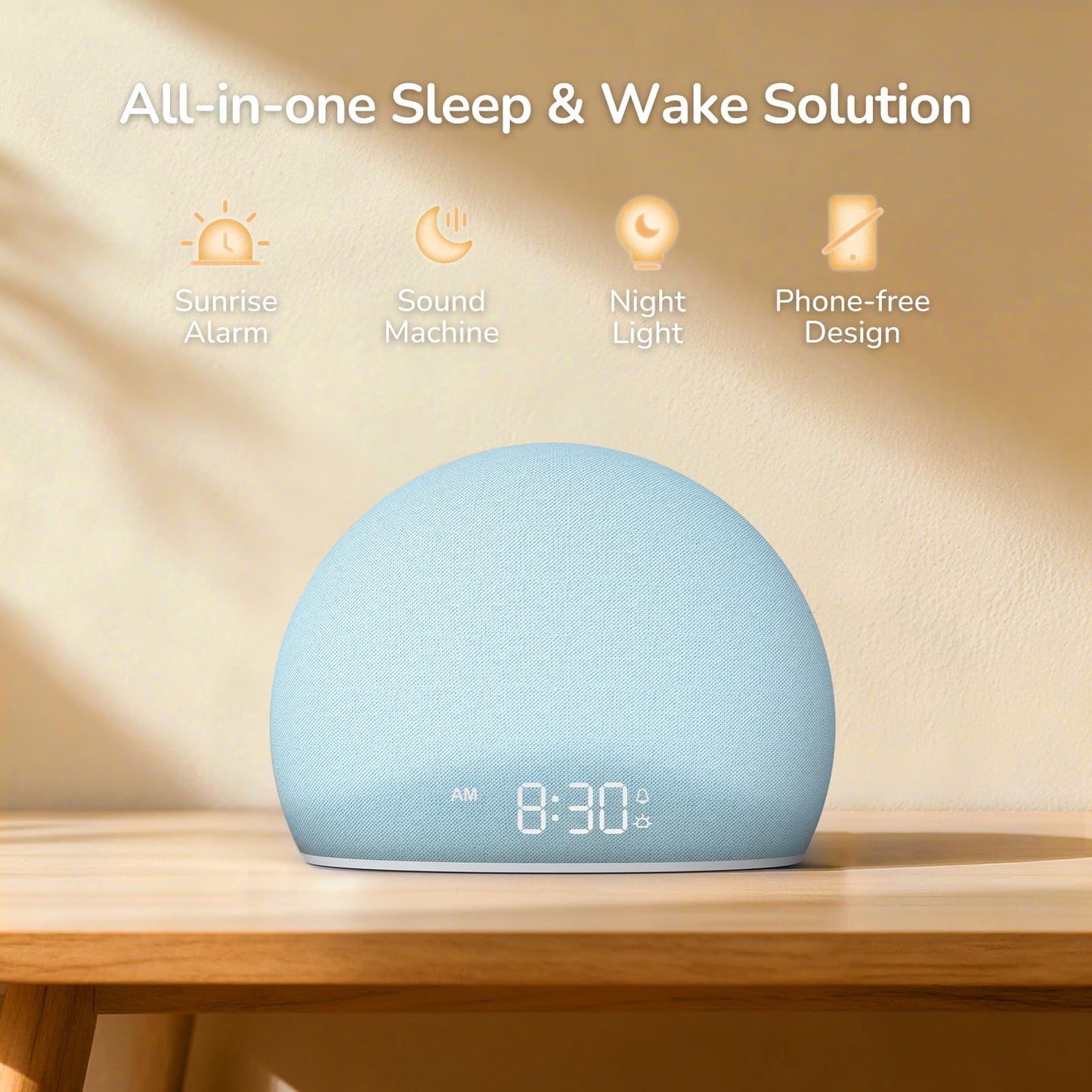 HOUSBAY Sunrise Alarm Clock, White Noise Sound Machine for Bedroom | Natural Wake-Up Light with Gentle Alarm Sounds, 20 Soothing Sleep Aids, Dimmable Display, Screen-Free Design - Blue