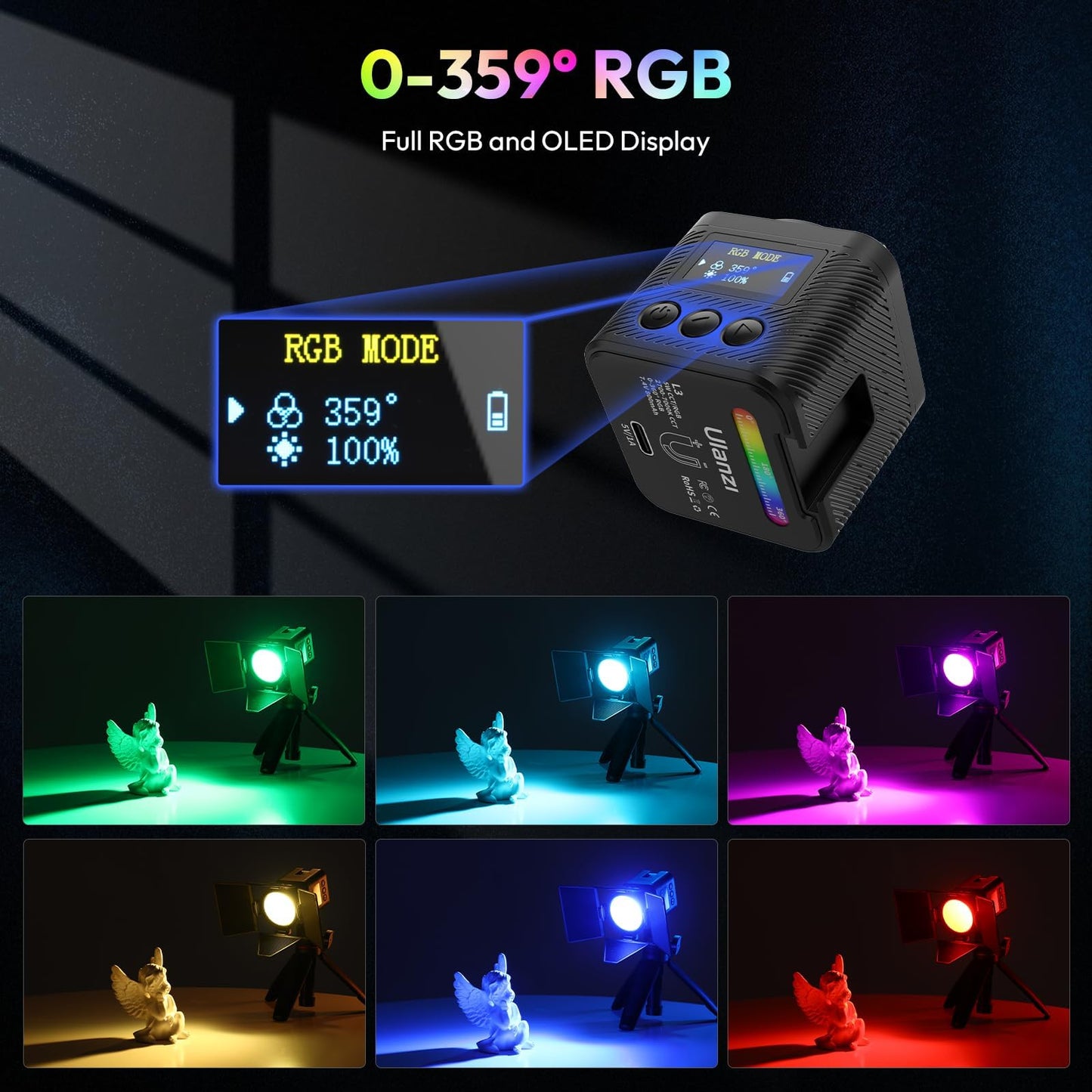 ULANZI L3 RGB LED Video Light, Magnetic Camera Lighting Kit 2700K-7000K Mini Cube COB Light Dimmable Photography Fill Light with Barndoor, Fresnel Lens Cold Shoe for Smartphone,Action,DSLR Camera