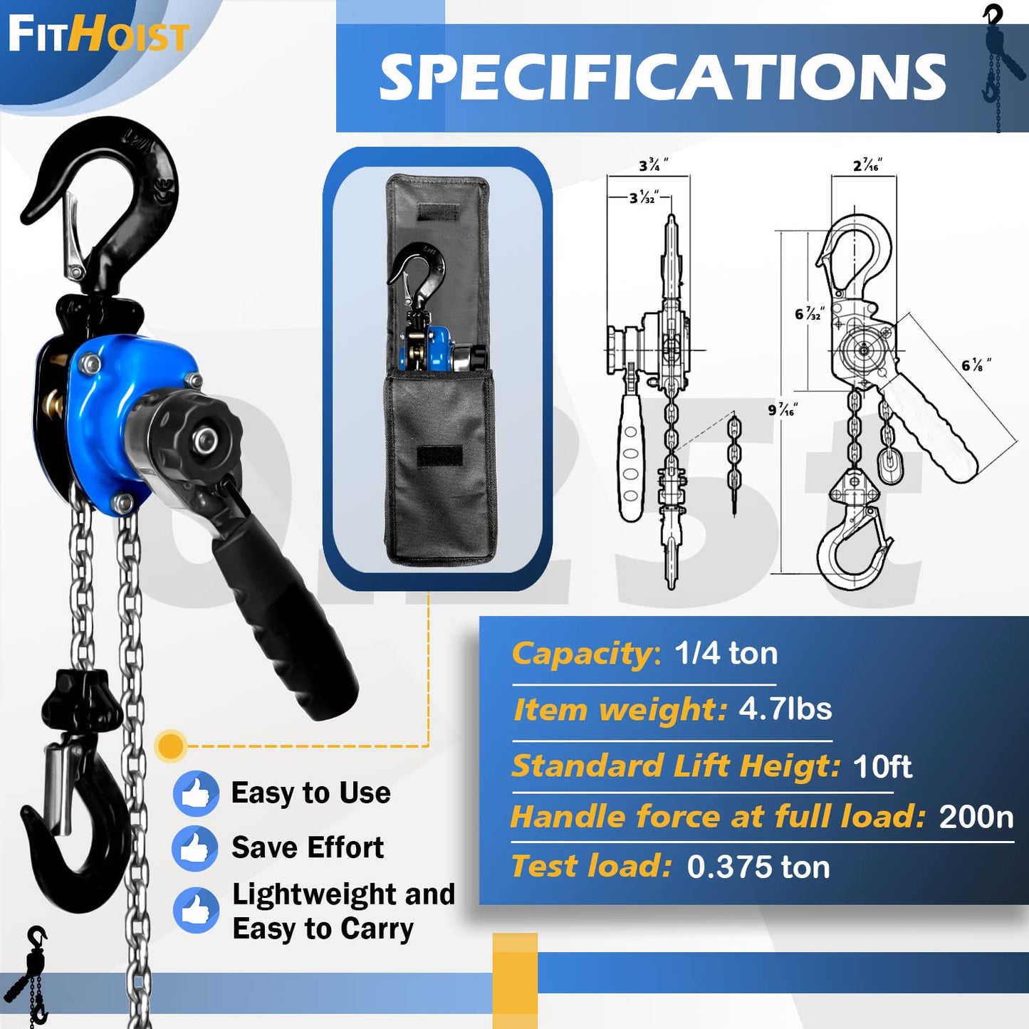 FITHOIST Mini Chain Hoist 1/4 ton 550Lbs Capacity 10ft Lift Small Come Along Alloy Steel G80 Chain 2 Heavy Duty Hooks, Manual lever chain hoist for Garages Warehouse Automotive Machinery