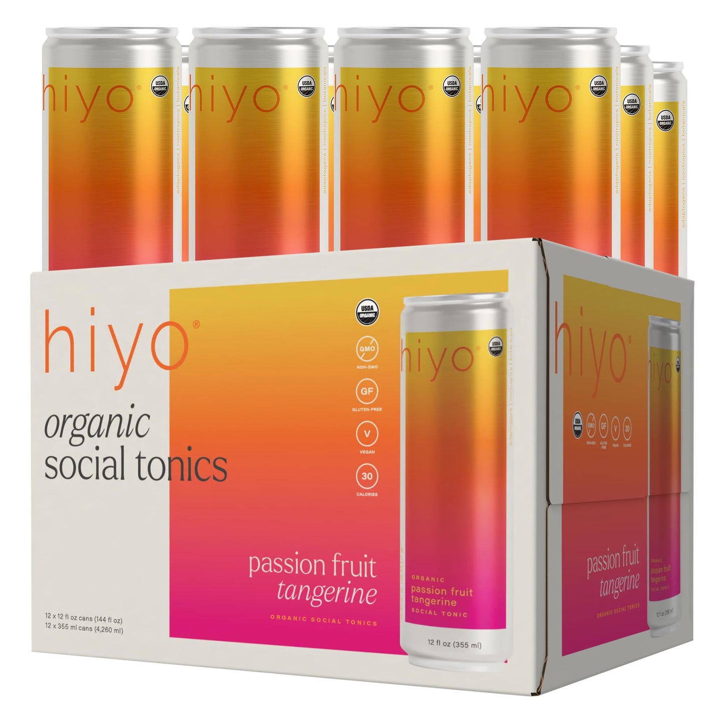 Hiyo Organic Social Tonic- Passion Fruit Tangerine 12 Pack - N.A. Functional Seltzer Sparkling Water Crafted with Organic Adaptogens Nootropics & Botanicals