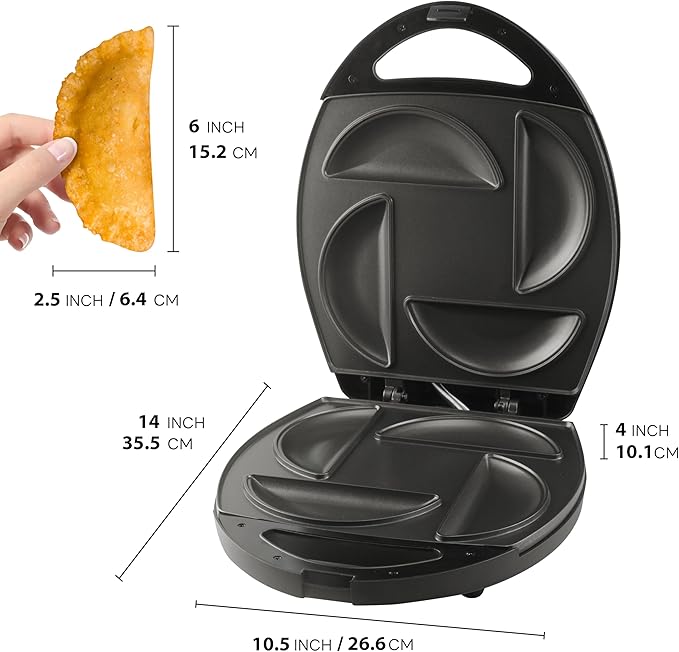 Electric Empanada Maker Machine with Press Mold,Large Dumpling Maker Press,Pierogi Maker Press Machine,Make 4 Psc of 6 Inches Large Empanadas,Jamaican Beef Patties,Calzones,Pocket Pies,Black