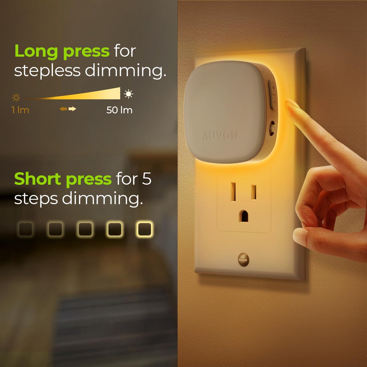 AUVON LED Backlit Night Light with Motion Sensor, Dimmable Amber, 1-50 lm Brightness, Model N001A, 4 Pack