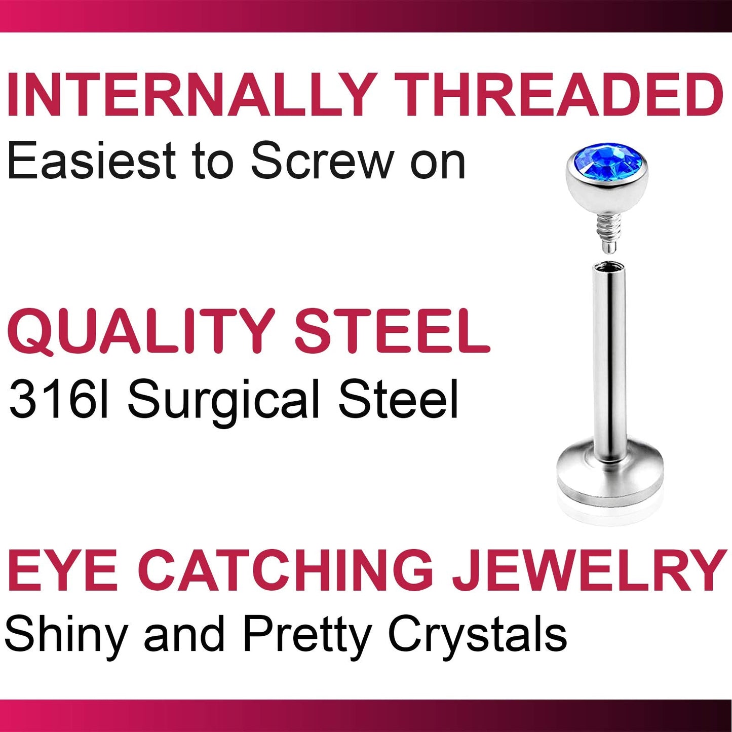 bodyjewellery 3pcs 16g 5/16 Labret Stud Lip Ring Snake Bite Conch Forward Helix Monroe Tragus Dahlia Marilyn Internally Threaded