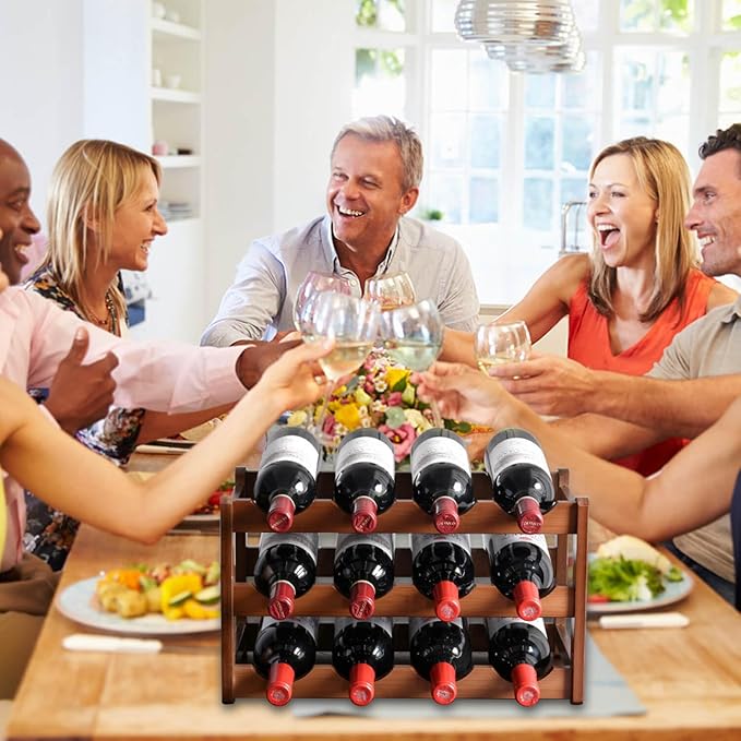 Wine Rack Countertop, 12 Bottle Wine Racks for Wine Bottles Storage Display, 3 Tier Wooden Wine Rack Free Standing Floor