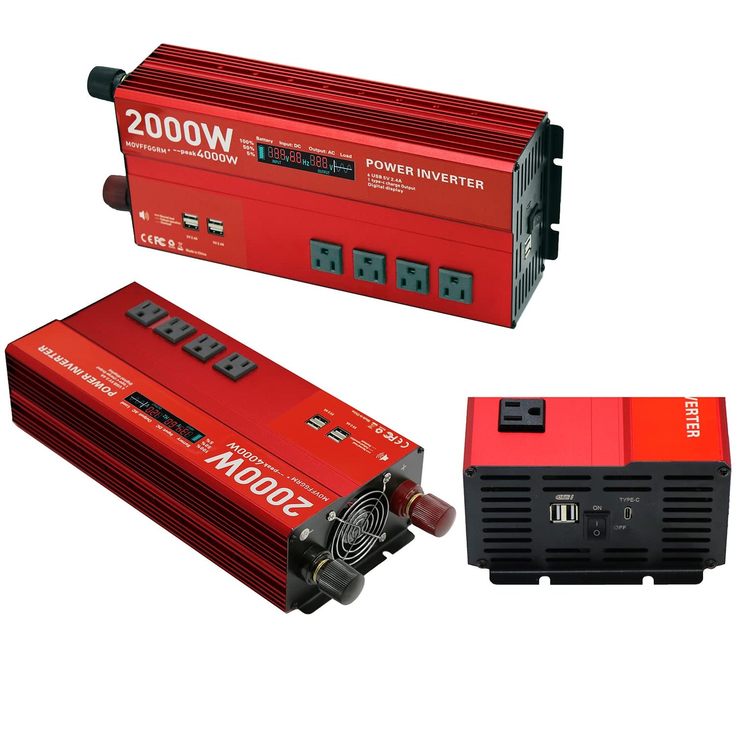 Movffggrm 2000W 12V Power Inverters For Vehicles,Peak 4000 Watt, Car/Truck Dc 12V To 110V 4Ac Converter, 6 Usb 2.4A Ports,With 1