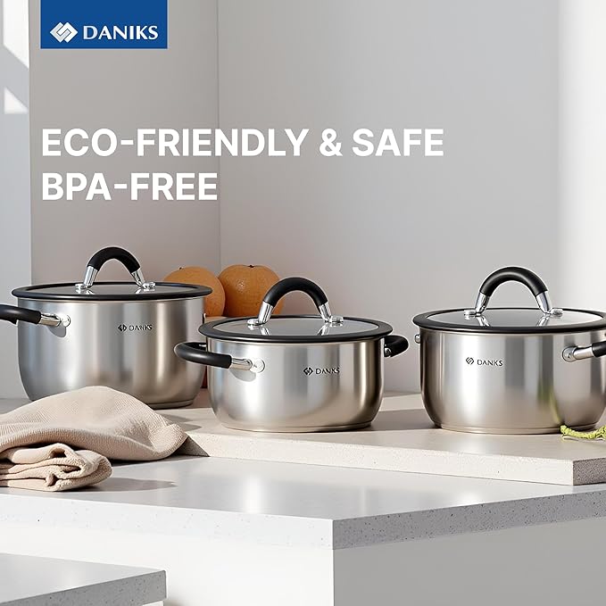 Daniks Orlando 10-Piece Stainless Steel Induction Cookware Set – Dishwasher Safe Saucepan, Pots with Heatproof Handles, Glass Lids, Measuring Scale, Silver