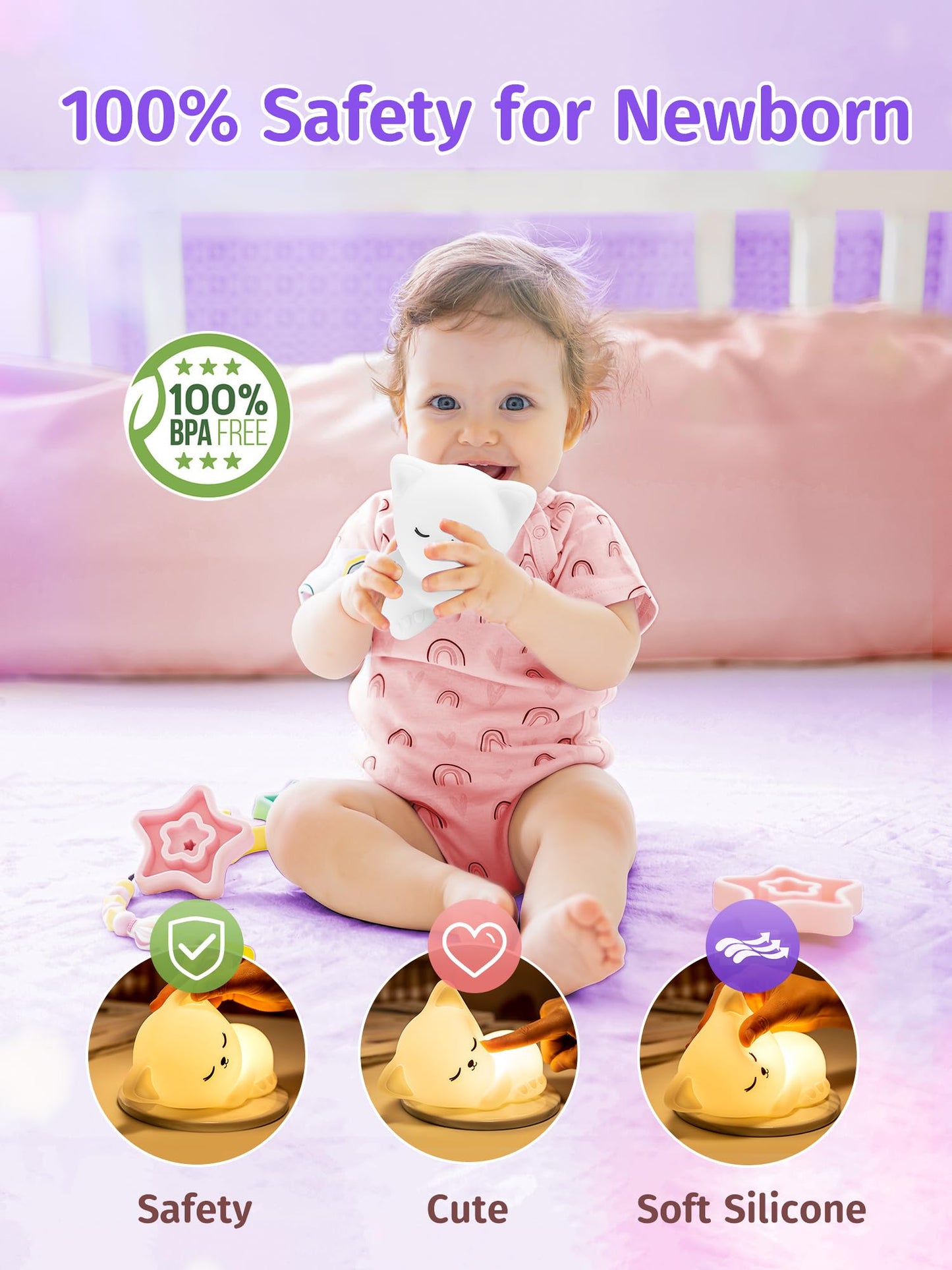 Mubarek Baby Night Light, 16 Colors Dimmable, Silicone, Rechargeable, Cat Remote, Night Light for Kids
