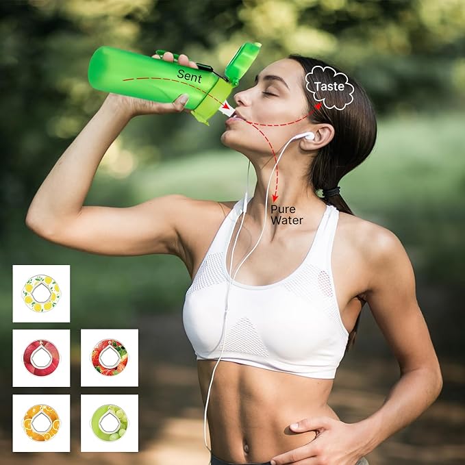 Water Bottle,650 ml scent water bottle with 5 flavor pods,Leak proof and BPA-free sports air water bottle with straw,suitable for outdoor sports,0 sugar,0 calorie,Ideal gift (green)