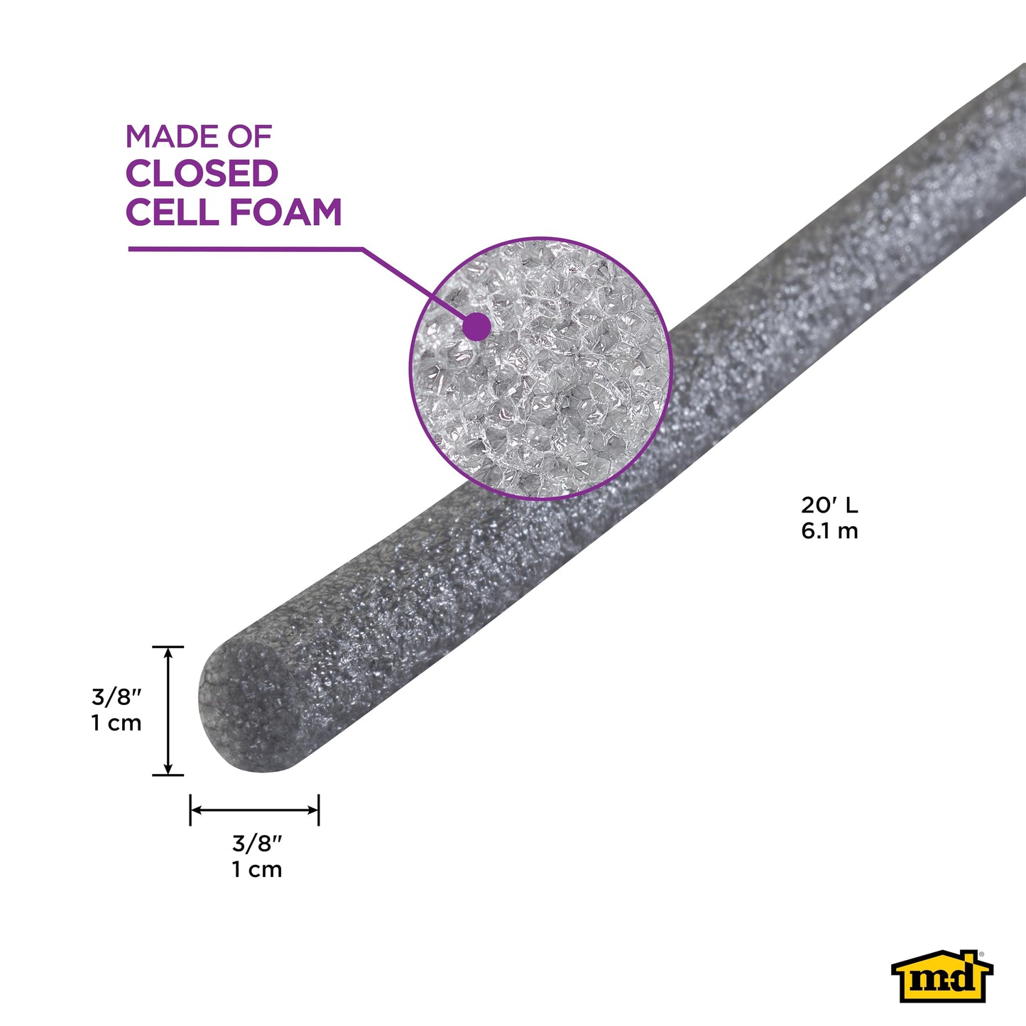 M-D Building Products - Versatile Gray Foam Backer Rod - Essential Caulk Saver for Sealing Concrete Gaps, Expansion Joints, and Crack Filling, 3/8 by 20 Feet (71464)