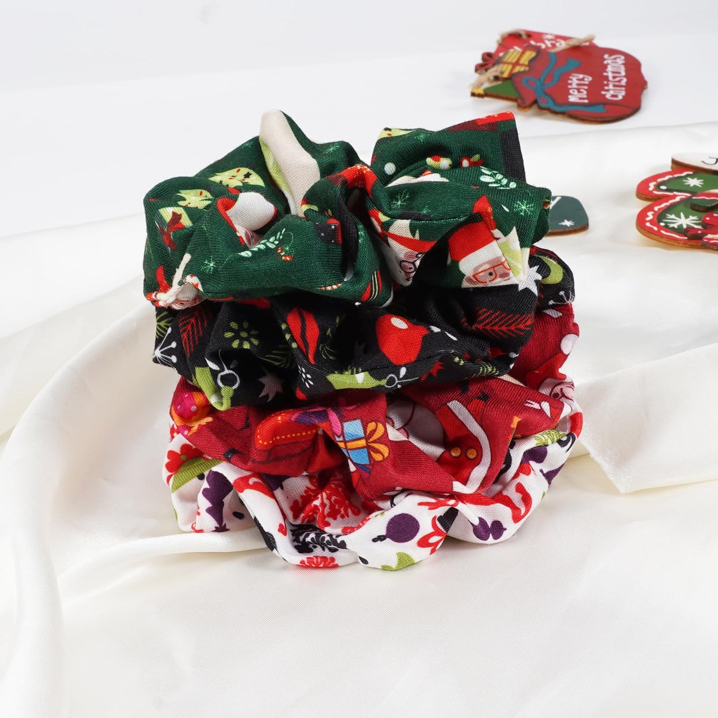Jocbean Christmas Hair Scrunchies with Santa Claus Snowman Elk Christmas Tree Snowflake Elastic Hair Ties