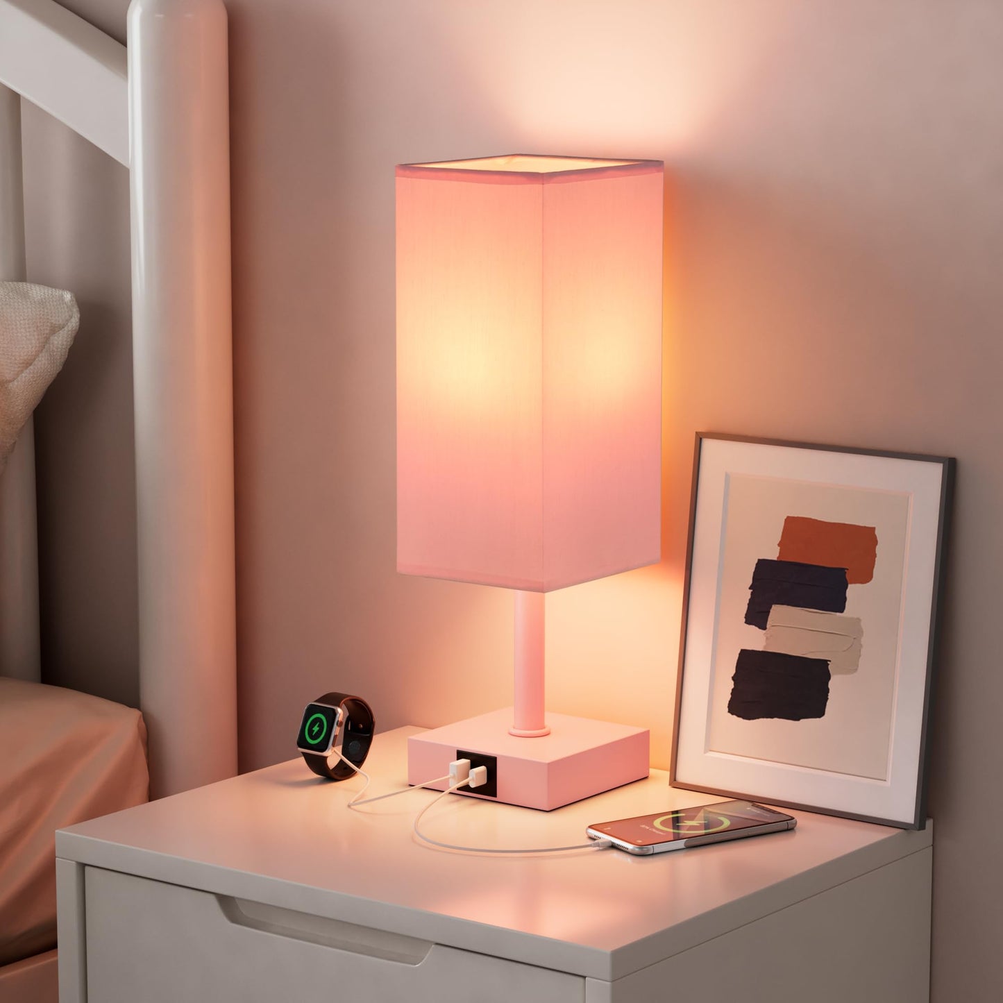 Ambimall Touch Control Table Lamp with USB Ports, 13 inches, Fabric, Pink Shade & Base, Model RPT-fang1-9