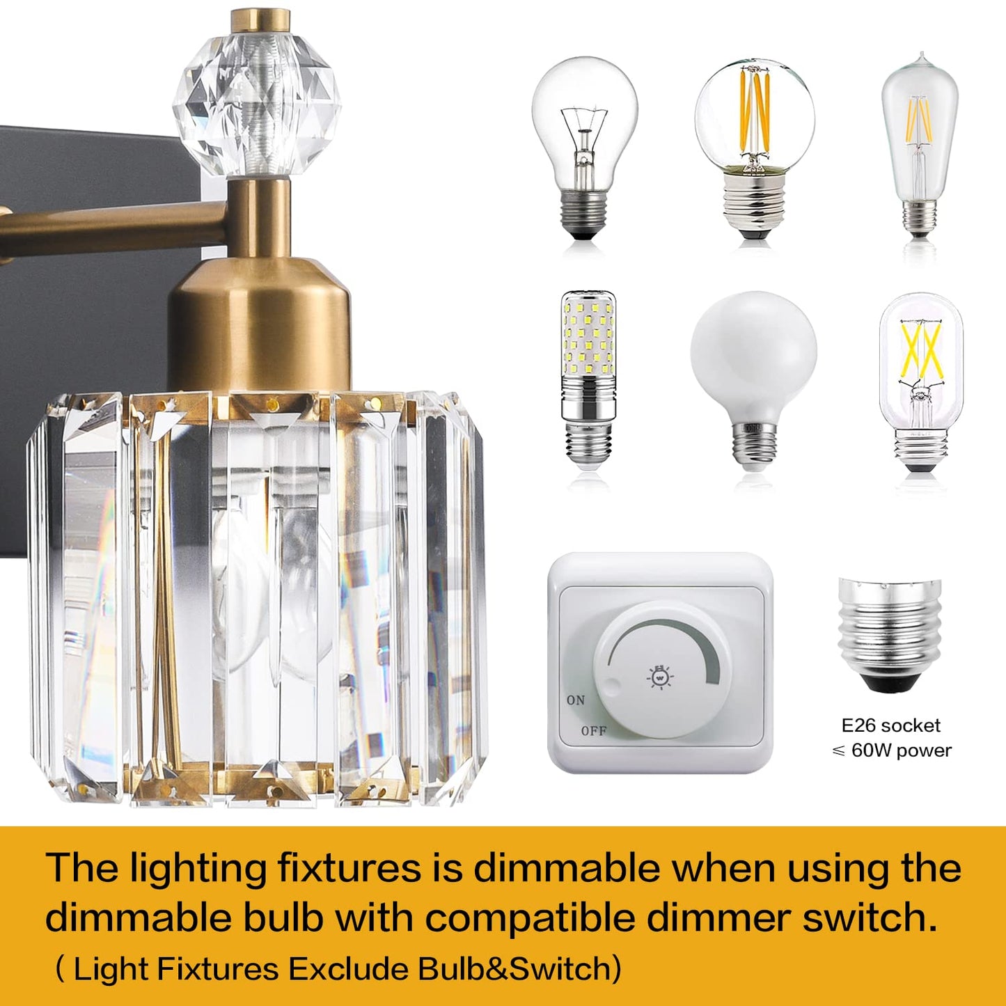 PRESDE 3-Light Bathroom Vanity Lights Fixtures, Black Gold Crystal, Modern Wall Lighting