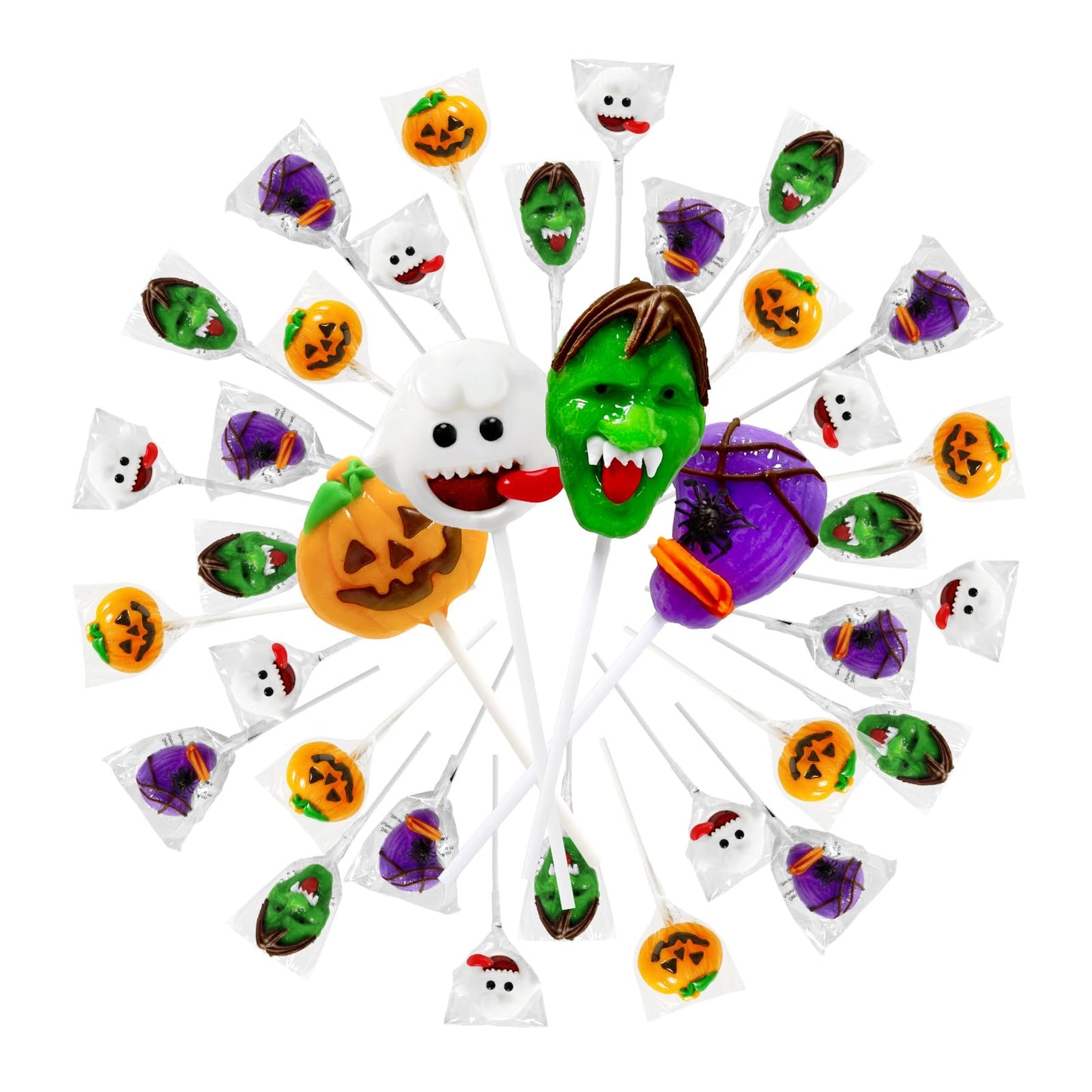 32 PK Halloween Candy Sucker Lollipops Individually Wrapped Spooky Candies Lollipops Green Monster Pumpkin and Broomstick Shaped Lollipop Suckers Candy - Trick or Treat - Halloween Goody Bag Fillers