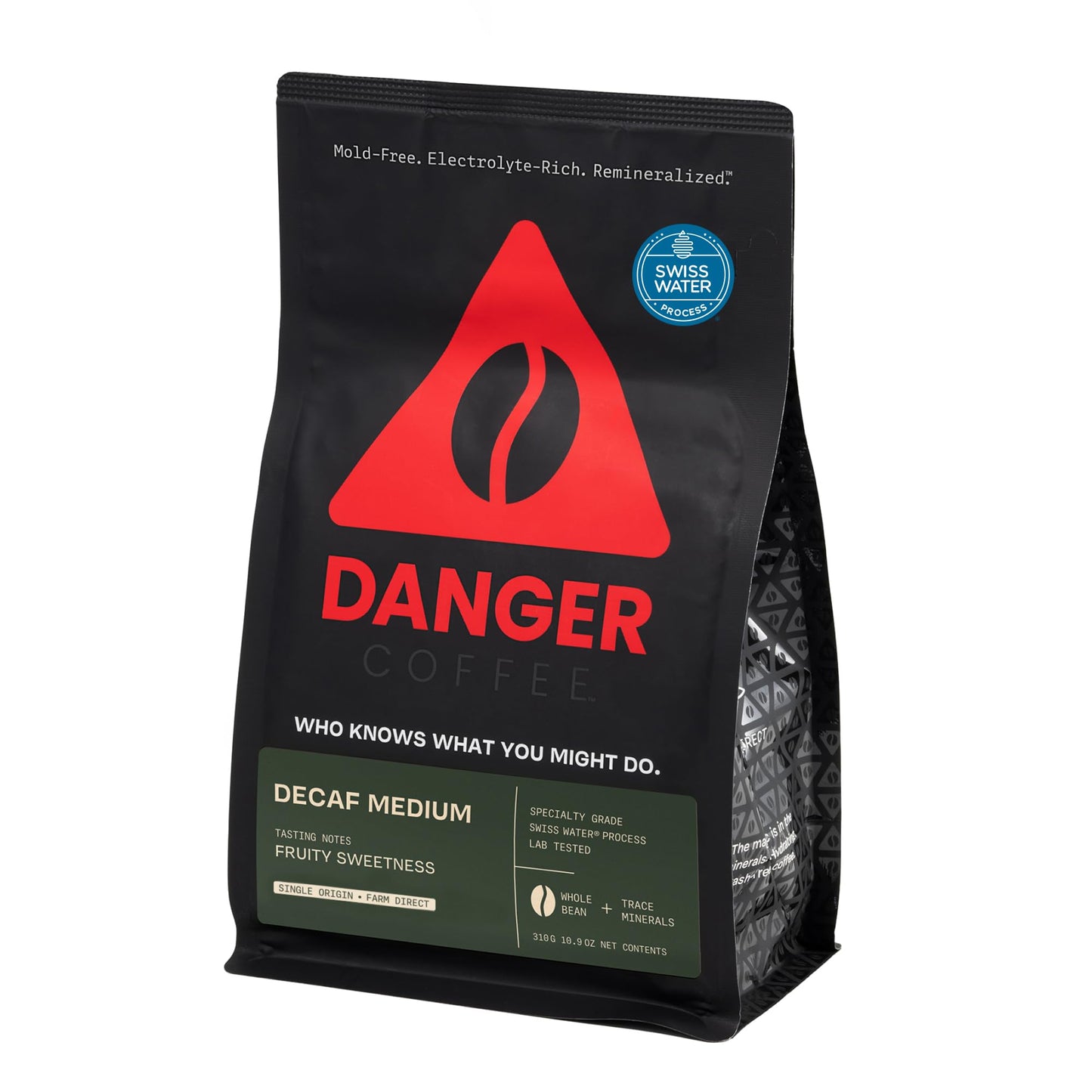 Danger Coffee by Dave Asprey Remineralized Mold Free & Lab Tested Swiss Water Decaf Whole Bean Coffee Medium Roast Decaffeinated 10.9 Ounce