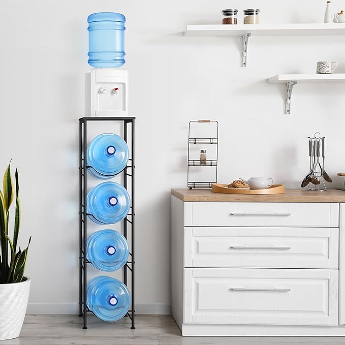 ETELI 5 Gallon Water Jug Holder 4 Tier Gallon Water Bottle Holder with Storage Shelve Water Cooler Jug Rack Stand for 5 Gallon Water Dispenser Organizer for Kitchen, Office, Living Room, Black