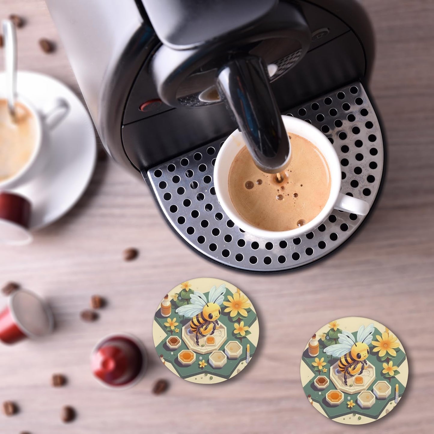 Ceramic Coasters for Drinks with Cork Back,Cute Bee Honeycomb 4 Inch Absorbent Coaster Set 4 Pack, Quick Dry Non-Slip Coaster Mats for Home, Office, Bar