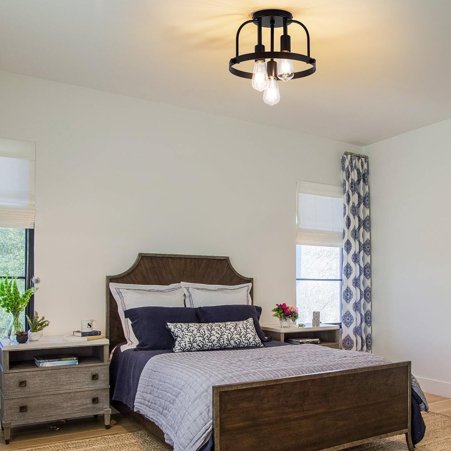 Fengkedu 3 Light Industrial Ceiling Light Black Semi Flush Mount Lights Close To Ceiling Light Fixtures Cage Design Farmhouse Ceiling Lighting For Kitchen Bedroom Bathroom Foyer Hallway (E26 1Pack)