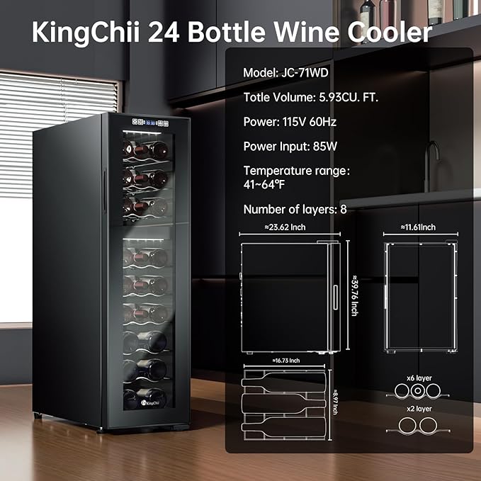 KingChii 24 Bottle Wine Cooler Refrigerator Dual Zone Wine Fridge - Intelligent Digital Control, Low Noise Professional Compressor, Freestanding for Home, Office, or Kitchen