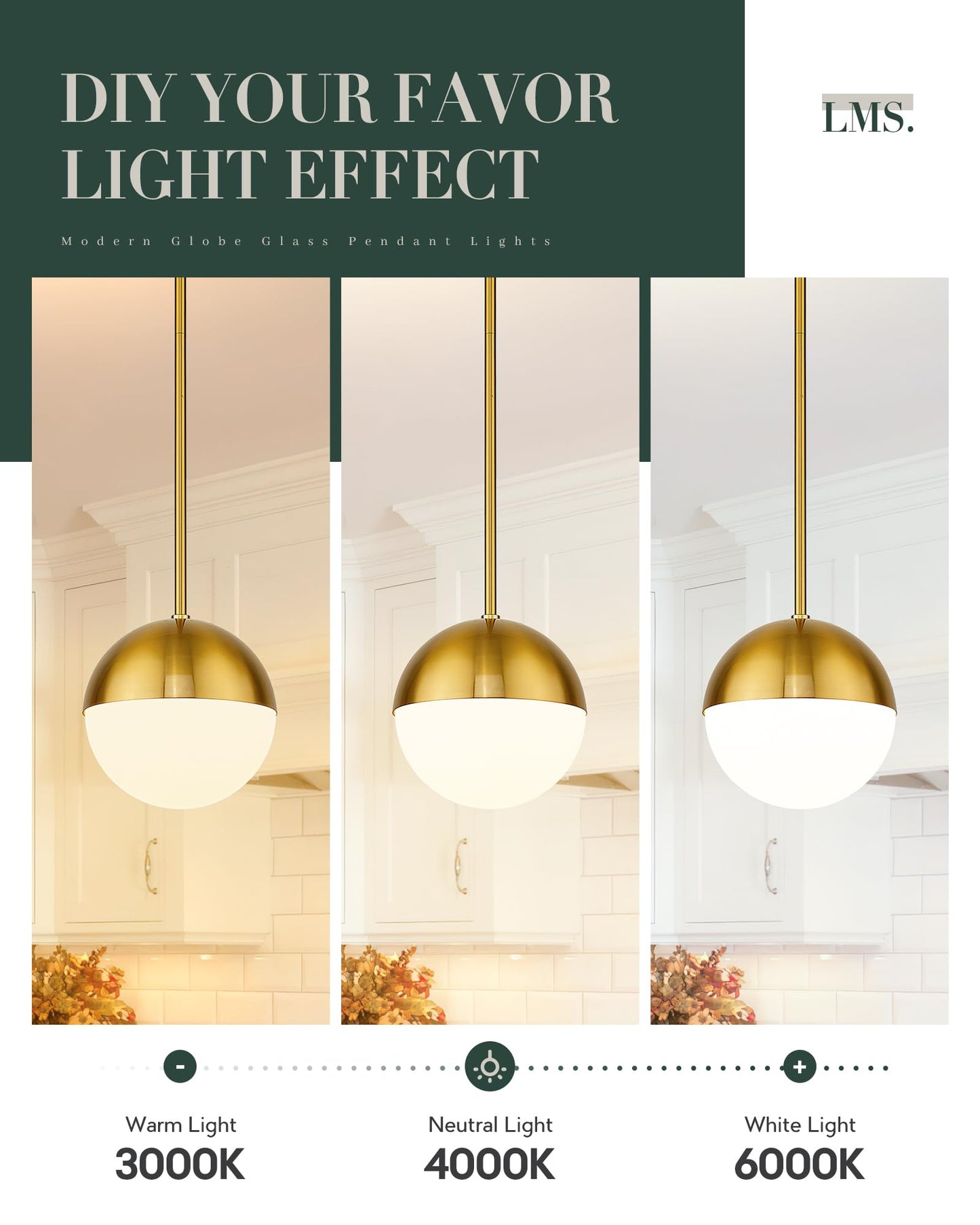 Lms 2-Pack Brushed Gold Pendant Lights Modern Pendant Light With Milky Globe Glass Shade Adjustable Hanging Lighting Rod For Kitchen Island Dining Room Bedroom Lms-186Bg2Pk