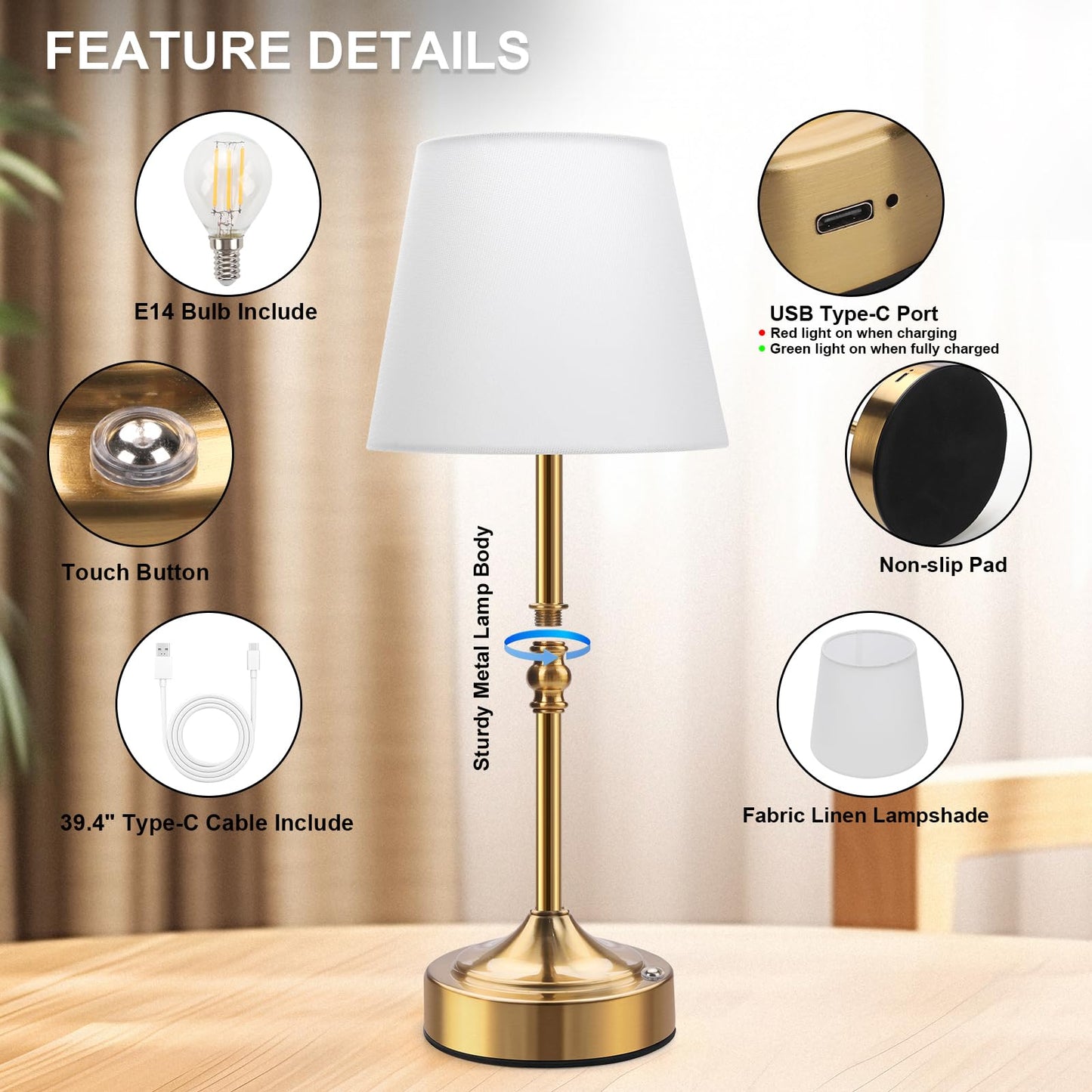 Swinerton Rechargeable Cordless Table Lamp, Wireless 3-Level Dimmable, 16.3 inch, Gold, Model 80009810