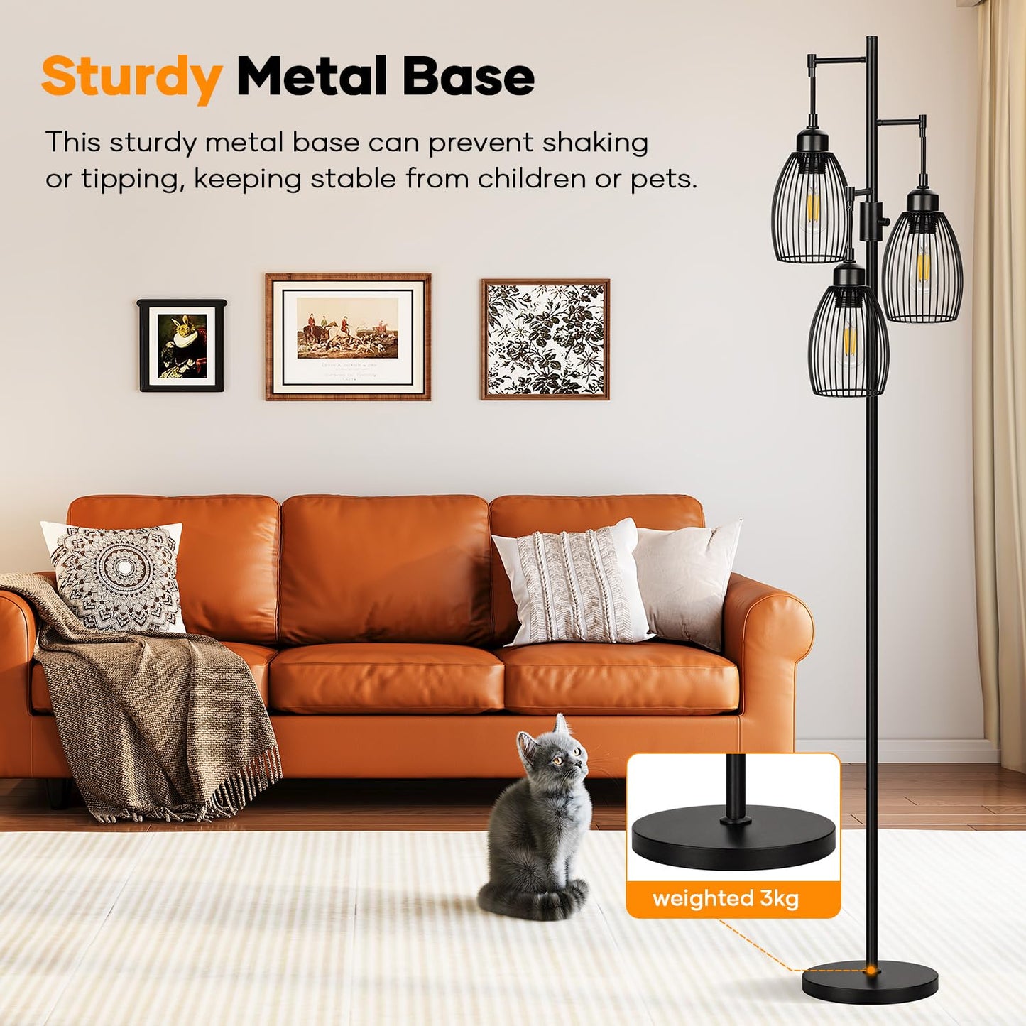 Nintiue Dimmable Floor Lamp, 3 x 800LM LED Edison Bulbs, Metal, 70 inches, Matte Black, Model FL1908