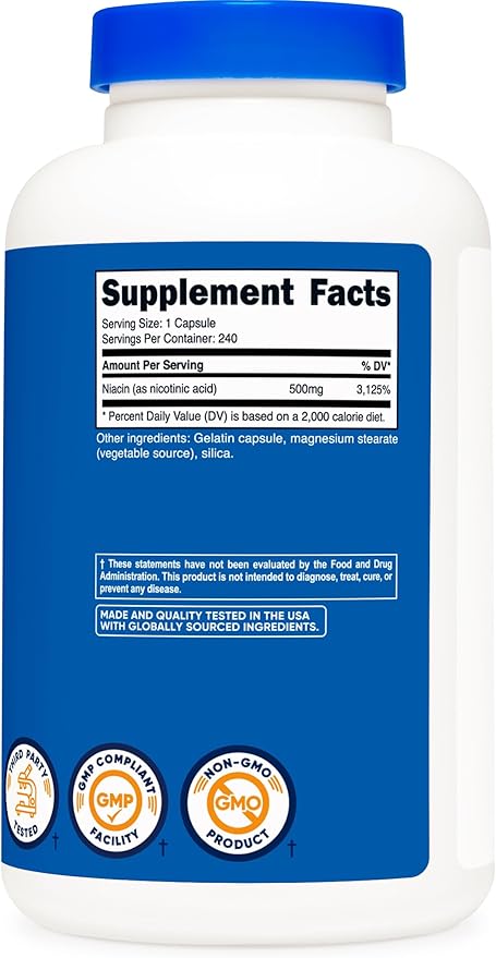 Nutricost Niacin (Vitamin B3) 500mg, 240 Capsules - with Flushing, Non-GMO, Gluten Free