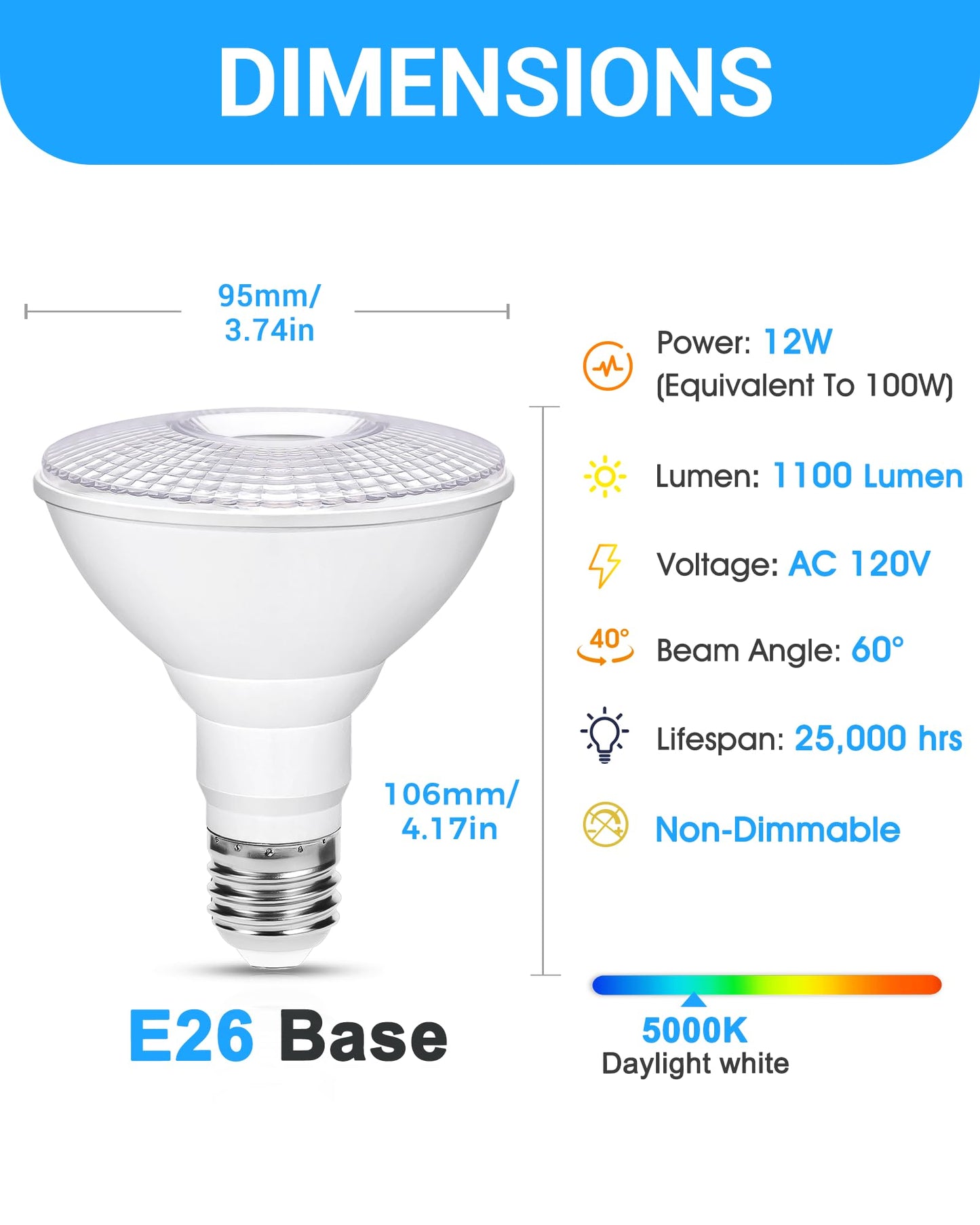 Flaspar 2 Pack Par30 Led Flood Light Bulb Outdoor 12W 100W Equivalent Spotlight 1100Lm Dimmable Track Lighting E26 5000K Daylihgt White Led Flood Bulbs For Security Recessed Bulb