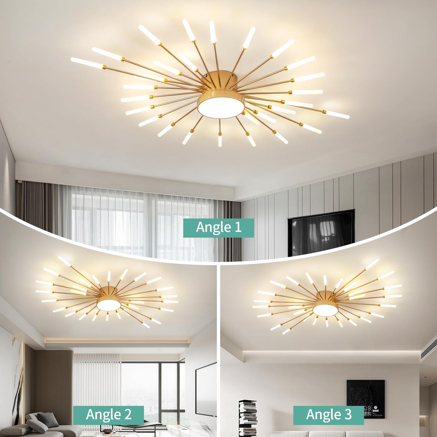 Ziidoo Modern Ceiling Light 28+1 Lights Metal Firework Designed Chic Led Lighting Fixture For Farmhouse Kitchen Dining Room Bedroom Hallway Living Room (Gold And Dark Gold)