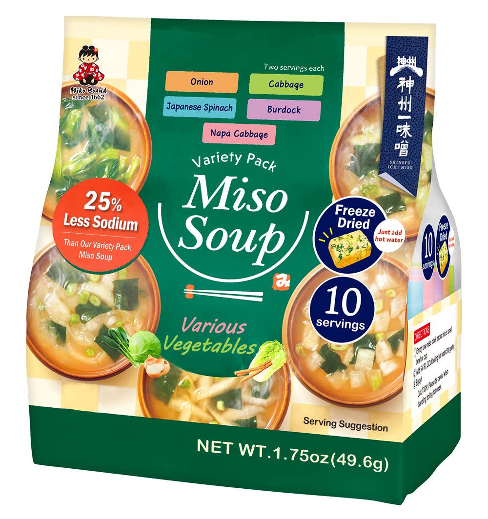 Miko Brand Freeze Dried Miso Soup Variety Pack, 10 Servings, 25% Less Sodium, 0.18 Ounce (Pack of 10)