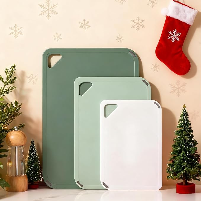 Plastic Cutting Board Set of 3-Cutting Boards for Kitchen BPA Free, Large-Small Chopping Boards Non-Slip for Cooking Camping Dishwasher Safe, Reversible, with Grip Handle, 15"×10"×0.6" Green